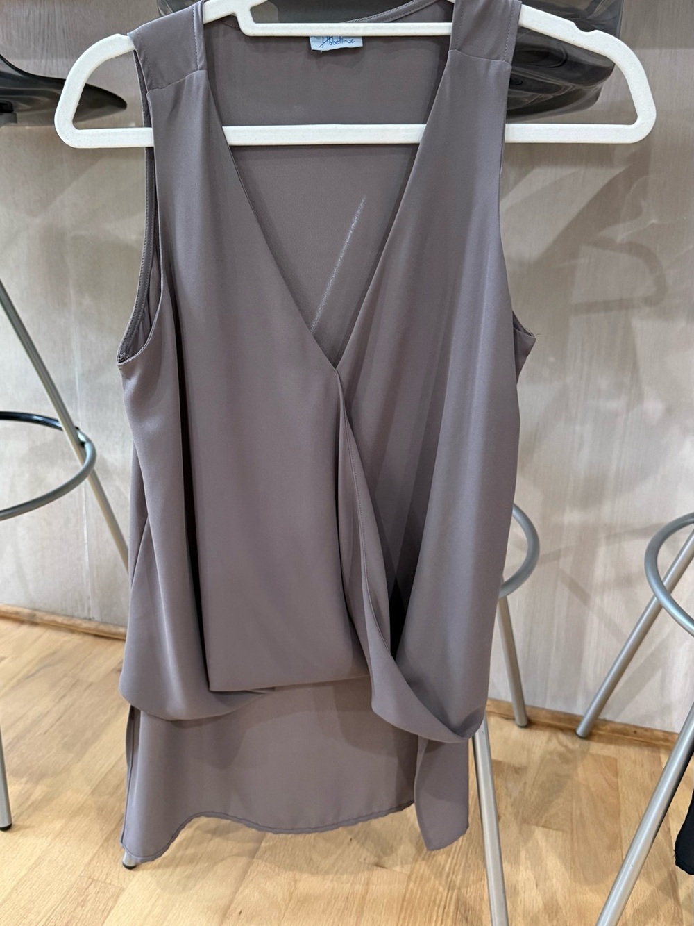 Sleeveless Draped V-Neck High Low Blouse in Taupe